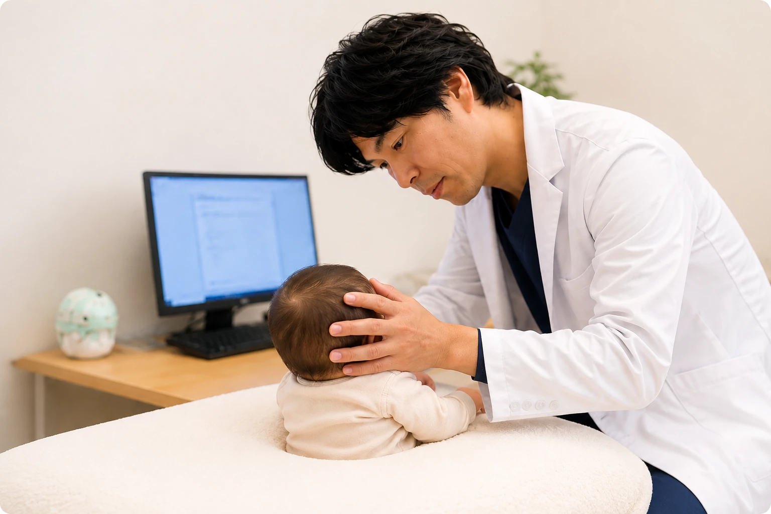 専門医が赤ちゃんを診察する様子