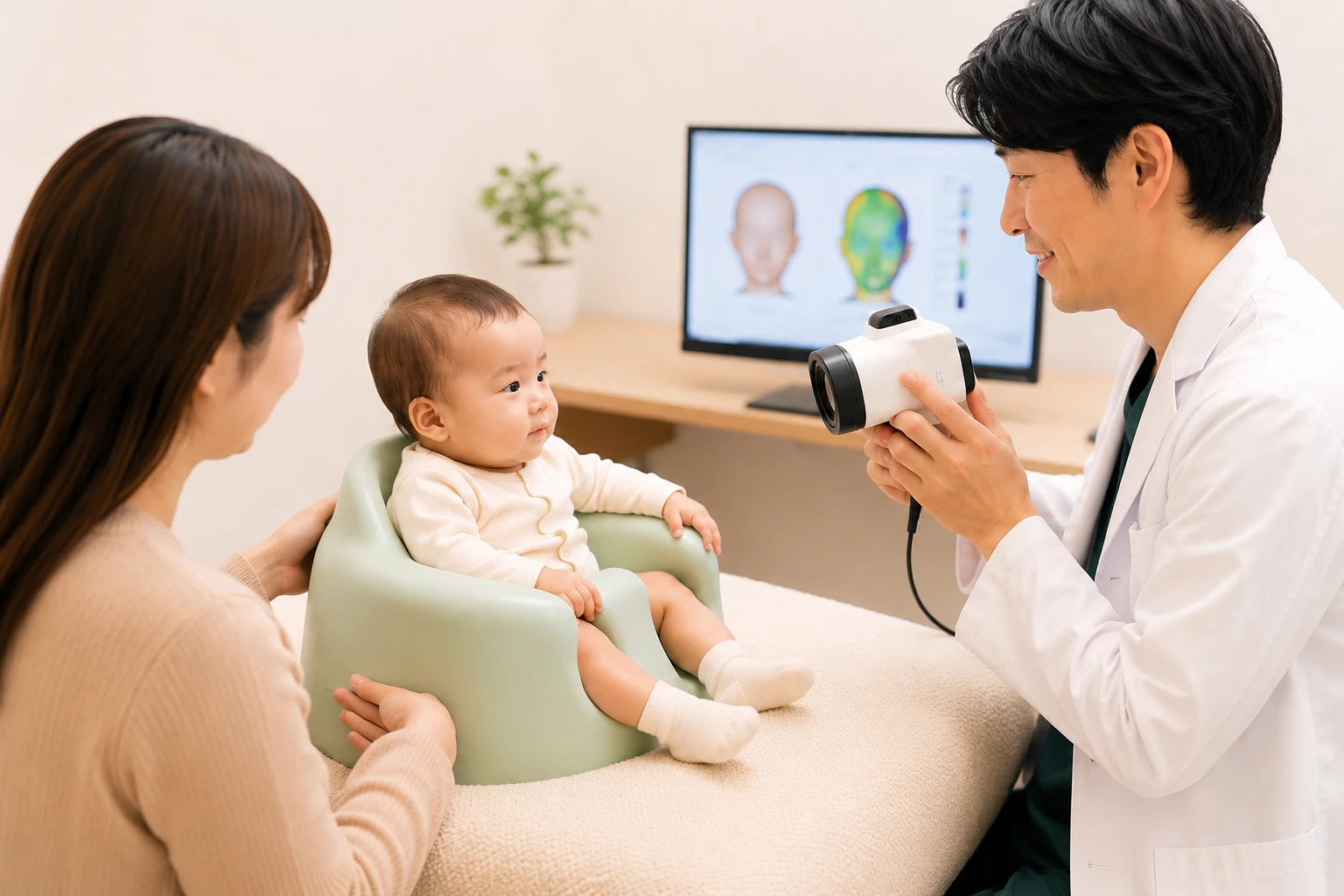 専用3Dカメラで赤ちゃんの頭を撮影・計測する様子