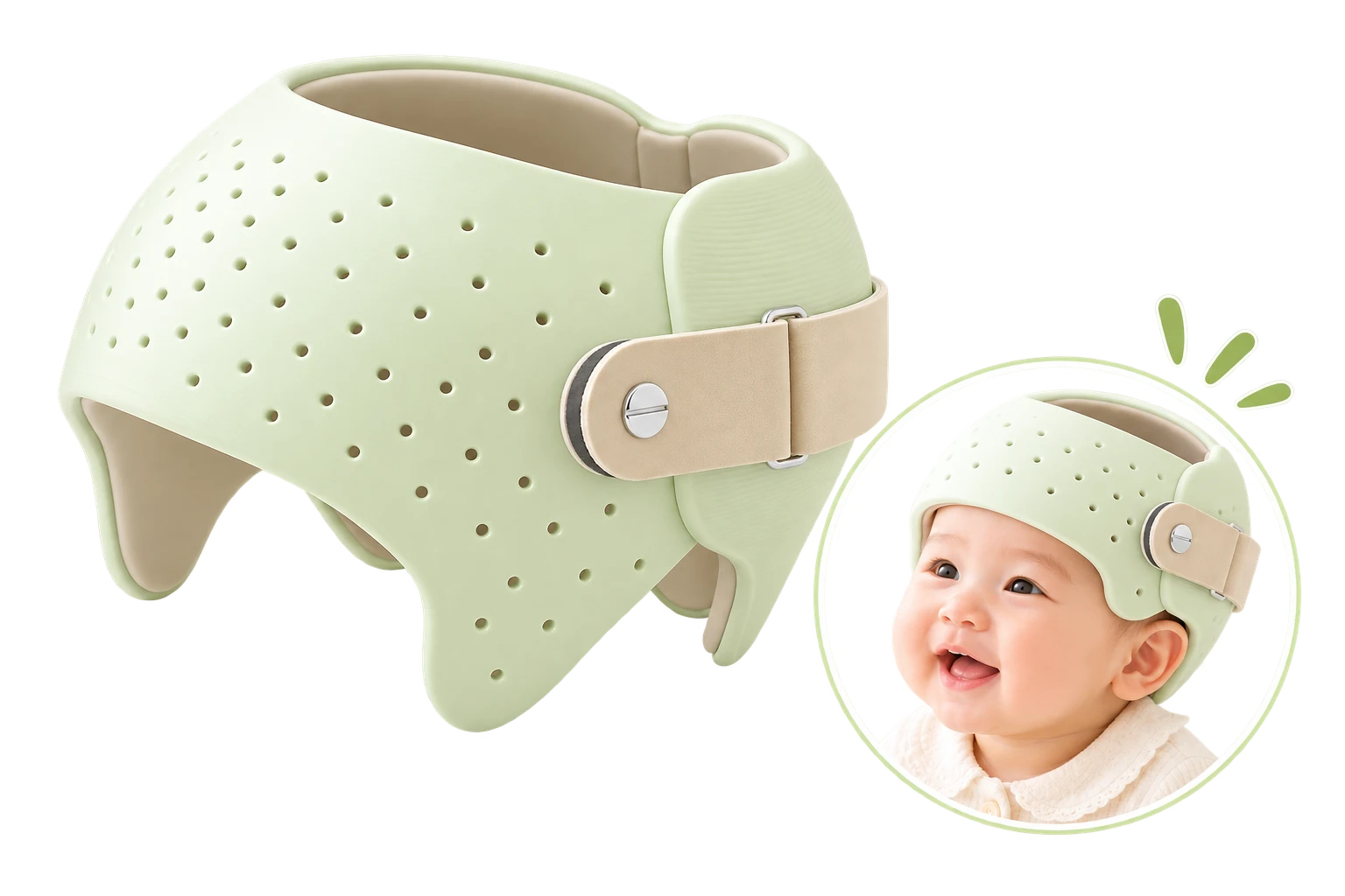 ヘルメット治療用の淡い黄緑色のヘルメットと装着した赤ちゃん