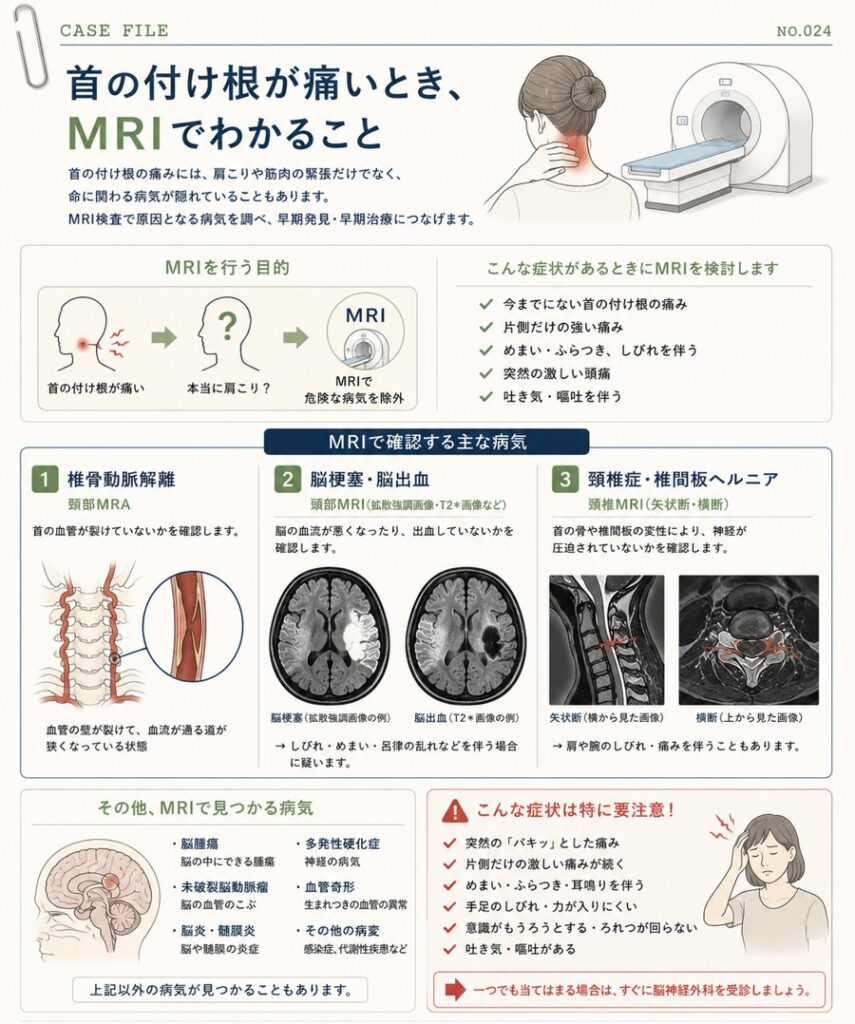 首の付け根が痛いときにMRIでわかる病気を解説したカルテ風図解。椎骨動脈解離、脳梗塞・脳出血、頚椎症・椎間板ヘルニアなど、MRIで確認する主な病気と検査の目的を紹介。