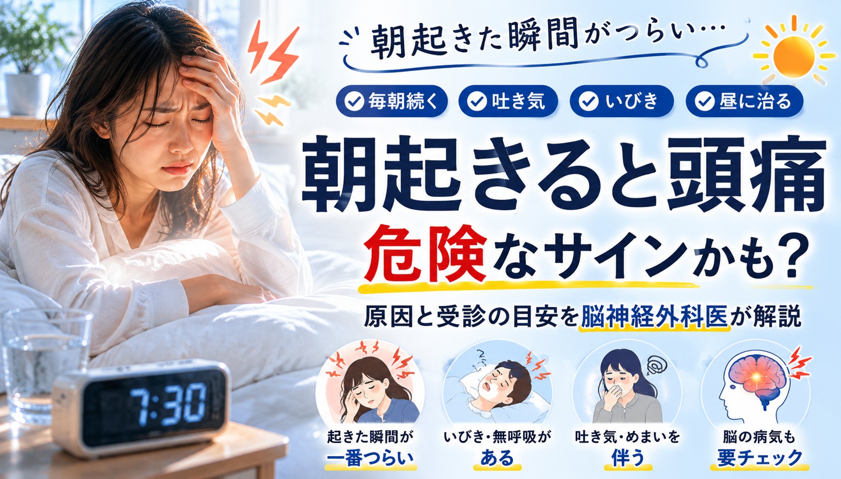 【寝起き・朝の頭痛】毎日続く・昼に治るのは危険？吐き気や原因を脳神経外科医が解説