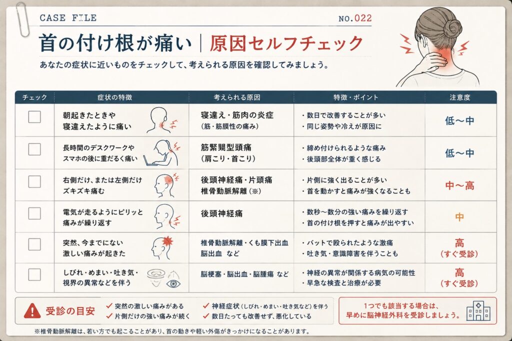 首の付け根が痛い原因セルフチェック表。後頭部のズキズキ、右側・左側の片側頭痛、後頭神経痛、椎骨動脈解離など考えられる原因と受診の目安をまとめたカルテ風図解。