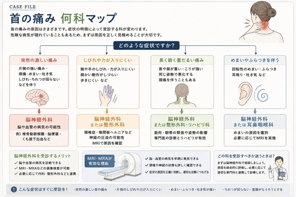 首の痛みは何科を受診すべきかを症状別にまとめたカルテ風フローチャート。突然の痛み、しびれ、めまい、肩こりなどの症状から脳神経外科・整形外科・内科の受診目安とMRI検査の役割を解説。