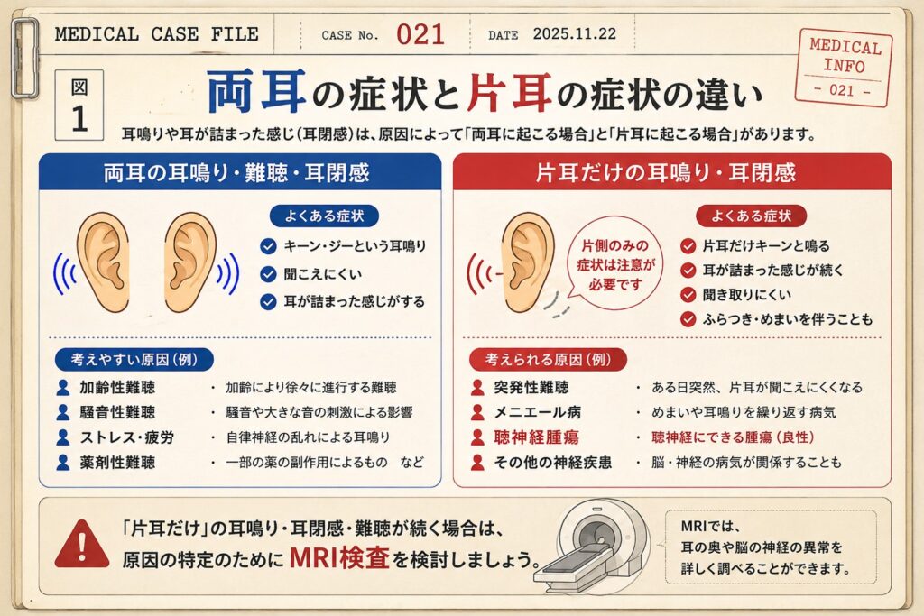 片耳だけの耳鳴り・耳閉感と両耳の症状の違いを示した図。片耳の耳鳴りや難聴、耳が詰まった感じが続く場合は、聴神経腫瘍の可能性もあるためMRI検査が推奨される。