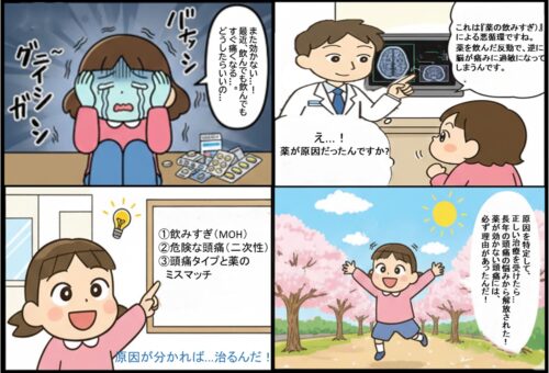 四コマ漫画:薬物乱用頭痛の説明
