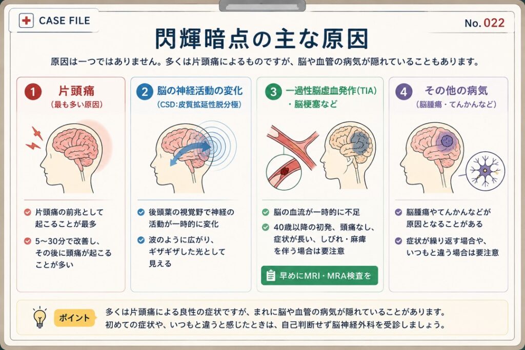 閃輝暗点の主な原因をまとめたカルテ風図解。片頭痛、脳の神経活動の変化、一過性脳虚血発作（TIA）・脳梗塞、脳腫瘍などのその他の病気をイラスト付きで比較し、それぞれの特徴や注意点を分かりやすく紹介している。