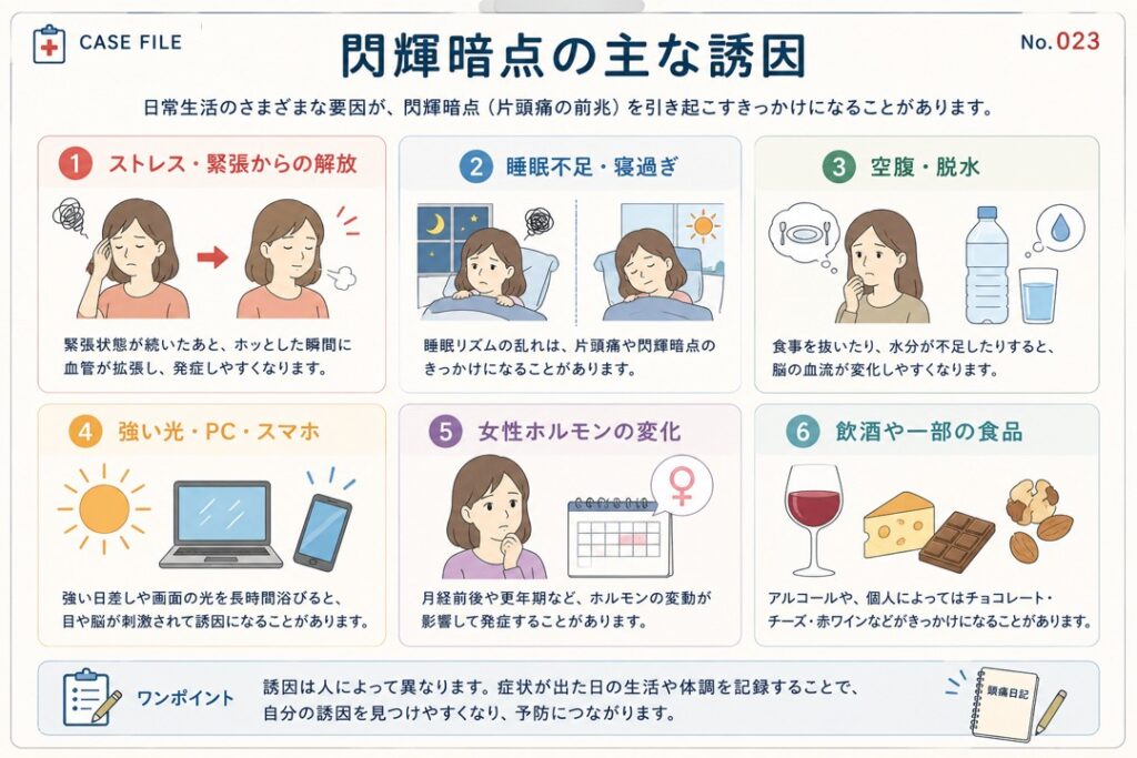 閃輝暗点の主な誘因をまとめたカルテ風図解。ストレスや緊張からの解放、睡眠不足・寝過ぎ、空腹・脱水、強い光やパソコン・スマートフォンの使用、女性ホルモンの変化、飲酒や一部の食品など、日常生活で閃輝暗点のきっかけとなりやすい要因をイラスト付きで分かりやすく紹介している。