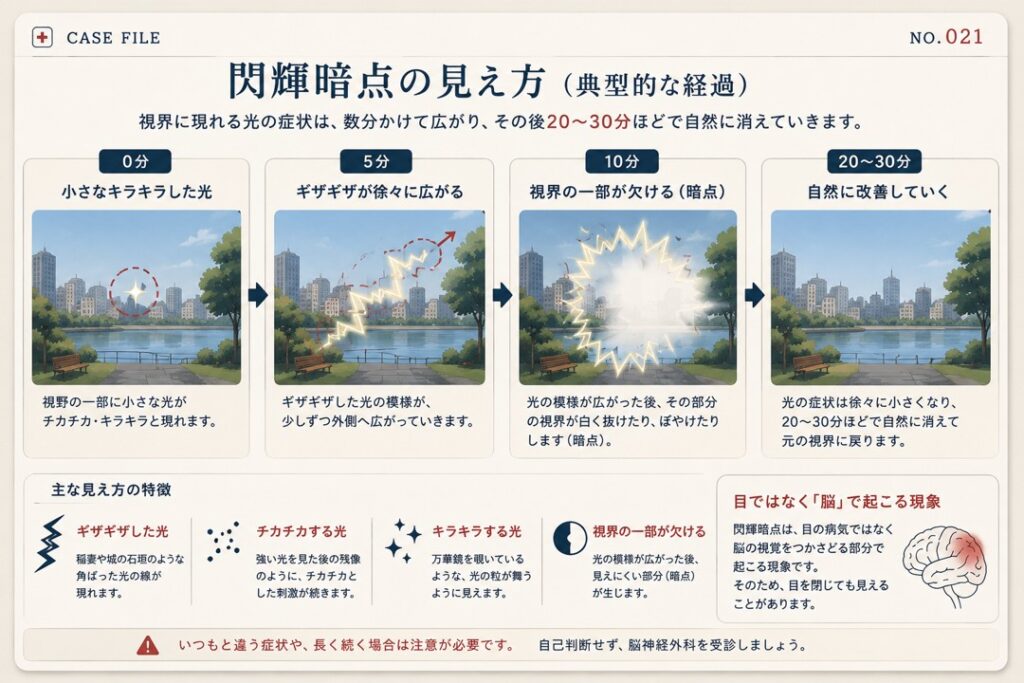 閃輝暗点の見え方を時系列で解説した図解。0分から20〜30分にかけて、視界に小さな光が現れ、ギザギザした光が広がり、視界の一部が欠ける（暗点）状態を経て自然に改善する流れや、チカチカ・ギザギザ・キラキラといった代表的な見え方の特徴を紹介している。