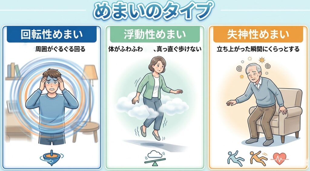 めまいの種類のイラスト：回転性めまい、浮動性めまい、失神性めまい