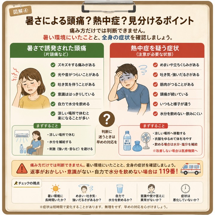暑さによる頭痛と熱中症を見分ける症状や対応の比較図