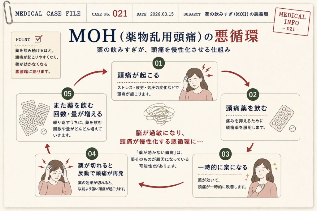 薬物乱用頭痛（MOH）の悪循環をカルテ風に図解。頭痛→頭痛薬を飲む→一時的に改善→薬が切れて頭痛が再発→薬を飲む回数が増え、頭痛が慢性化する流れを解説。
