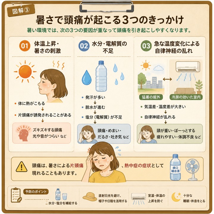 暑さで頭痛が起こる体温上昇、脱水、温度差の3つの仕組みを示した図