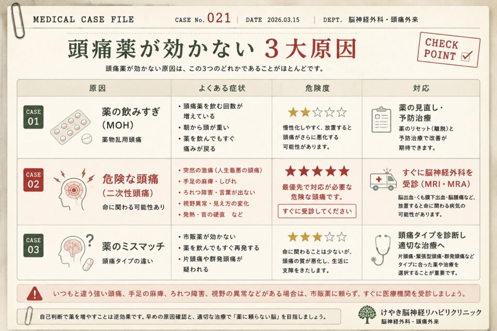 頭痛薬が効かない3大原因を比較したカルテ風インフォグラフィック。薬物乱用頭痛（MOH）、危険な頭痛、薬のミスマッチの特徴・危険度・対処法を比較。