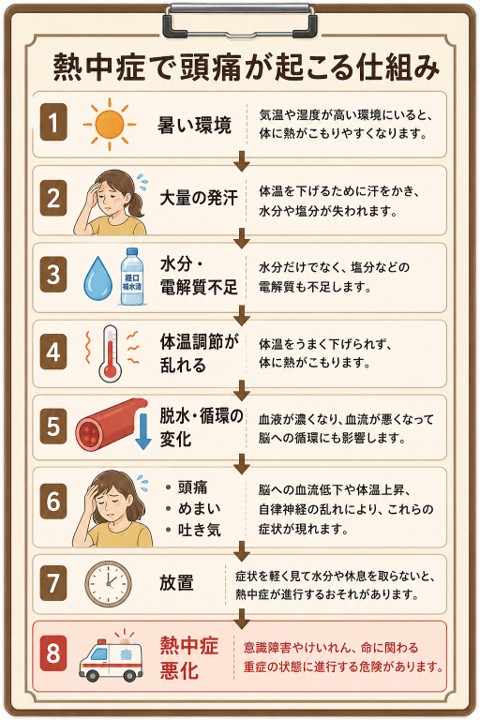 熱中症で頭痛が起こる流れを示した図