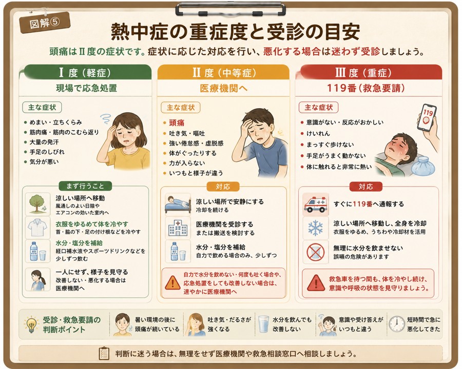 熱中症のⅠ度、Ⅱ度、Ⅲ度の症状と受診や救急要請の目安を示した図