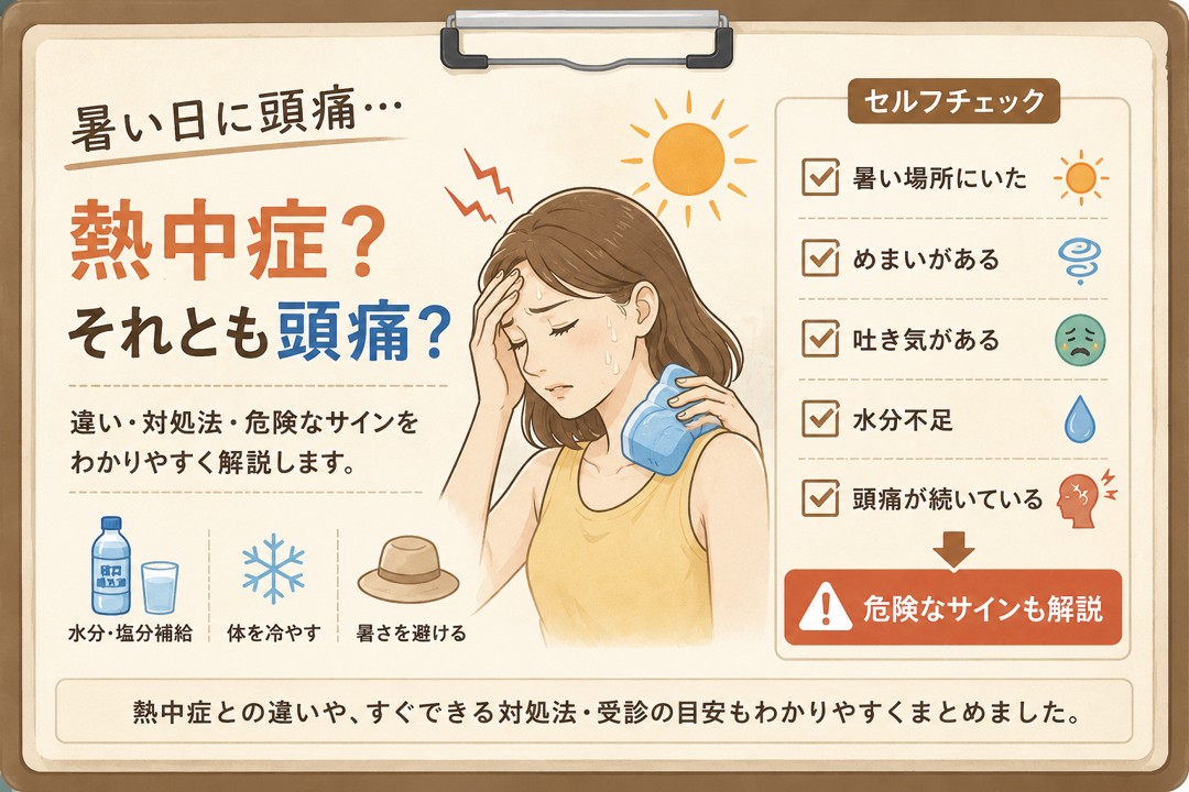 暑さによる頭痛と熱中症の違いを解説するカルテ風アイキャッチ。暑い日に頭痛が起こる原因や熱中症との見分け方、対処法、危険なサインを紹介。