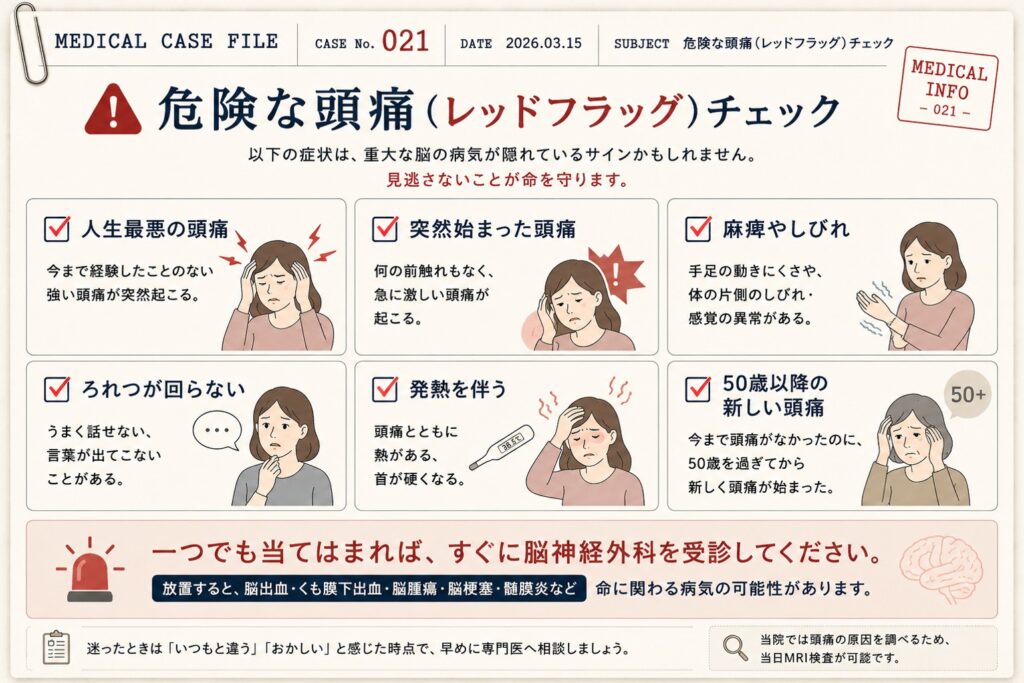 危険な頭痛（レッドフラッグ）のチェックリストをカルテ風に図解。人生最悪の頭痛、突然始まった頭痛、麻痺・しびれ、ろれつ障害、発熱、50歳以降の新しい頭痛など、緊急受診が必要な症状をまとめた図。