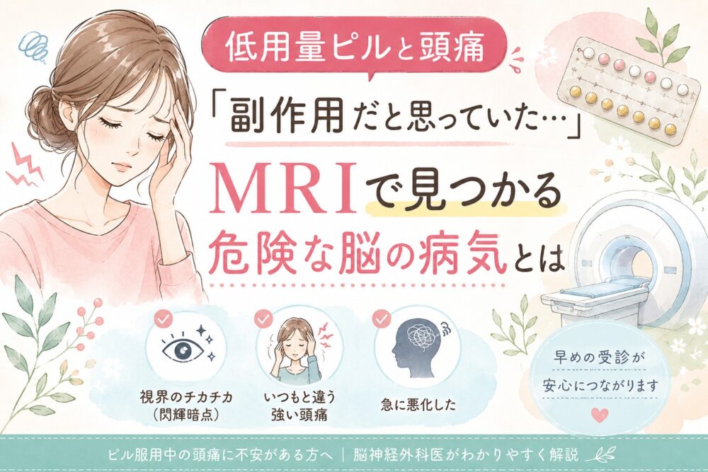 低用量ピル服用中の頭痛や閃輝暗点、危険な脳疾患について解説するイメージ画像