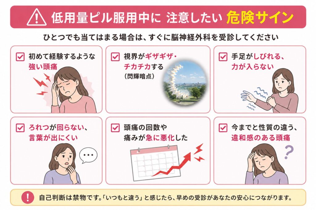 低用量ピル服用中に注意すべき危険な頭痛症状のチェックリスト図
