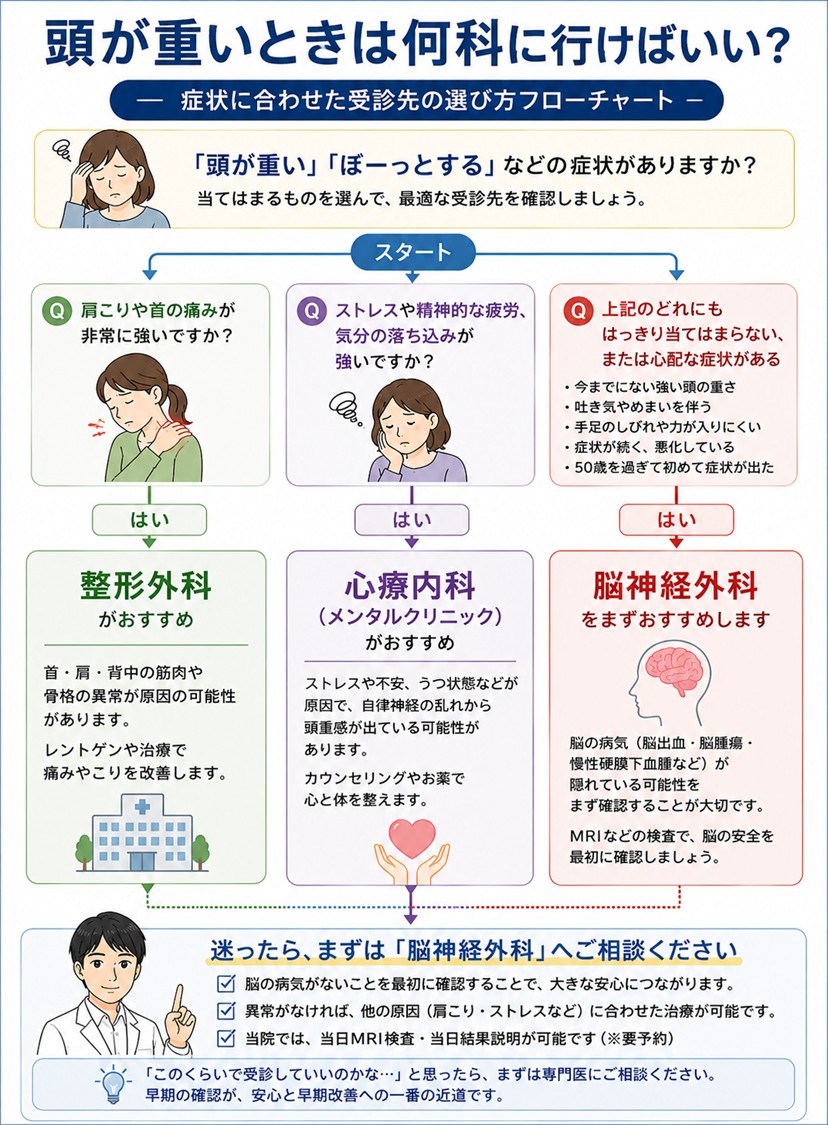 頭が重いときは何科に行くべきかがわかるフローチャート
(症状に合わせて整形外科・心労内科・脳神経外科のどこを選ぶべきかが一目でわかるフローチャート)