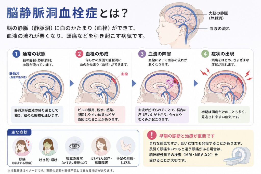 脳静脈洞血栓症による血流障害と頭痛症状を解説した医療イラスト
