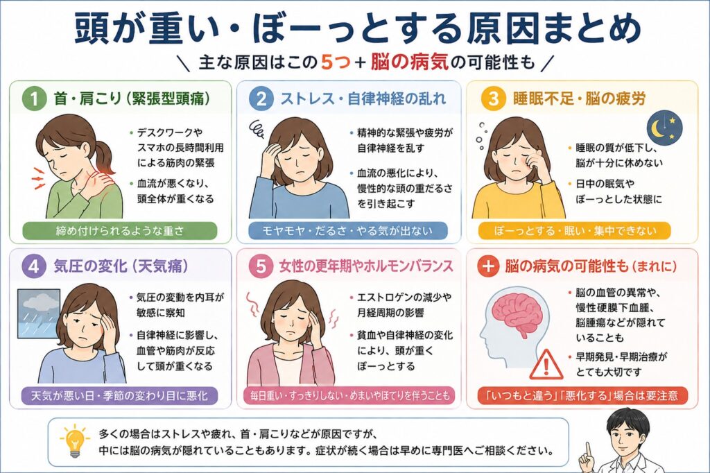 頭が重い・ぼーっとする原因をまとめた図
(首肩こり・ストレス・睡眠不足・天気痛・更年期・脳疾患などをわかりやすいアイコンで並べたまとめイラスト)