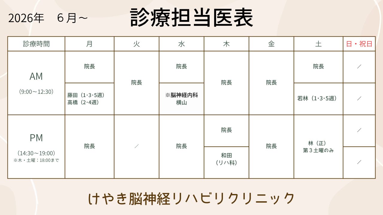 けやき脳神経リハビリクリニック　診療担当医表