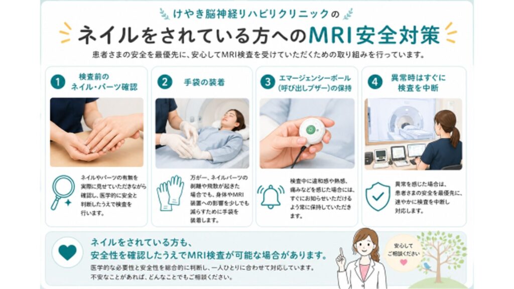 ネイルをしたままMRI検査を受ける方への安全対策。ネイル確認、手袋装着、エマージェンシーボール保持などの流れを示した図解。