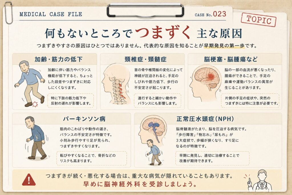 何もないところでつまずく主な原因をまとめた図解。加齢・筋力低下、頚椎症・頚髄症、脳梗塞・脳腫瘍、パーキンソン病、正常圧水頭症などを紹介。