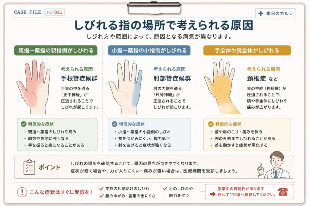手のどの指がしびれるかで考えられる原因を示した図解。親指側は手根管症候群、小指側は肘部管症候群、腕全体のしびれは頚椎症などの可能性を解説。