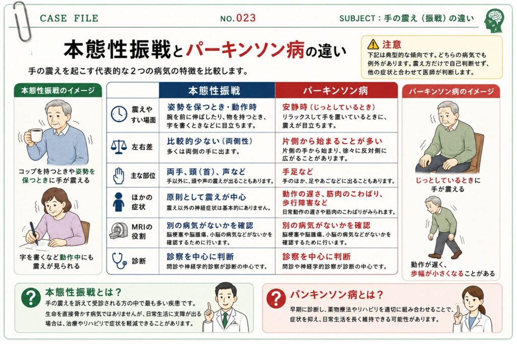 本態性振戦とパーキンソン病の違いを比較した表。震えが起こるタイミング、左右差、症状、MRIの役割、診断の違いを分かりやすく解説。