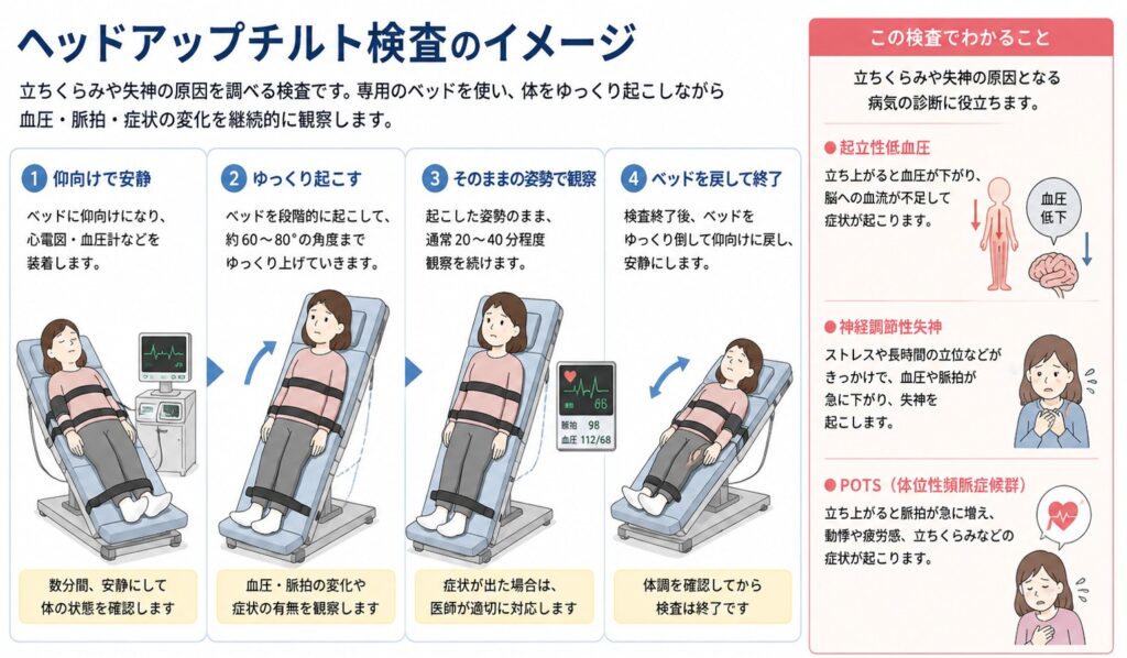ヘッドアップチルト検査をわかりやすく解説した図。立ちくらみや失神の原因を調べるため、専用ベッドで体を起こしながら血圧・心拍数・症状の変化を測定し、起立性低血圧、神経調節性失神、POTS（体位性頻脈症候群）などを診断する流れを示したイラスト。