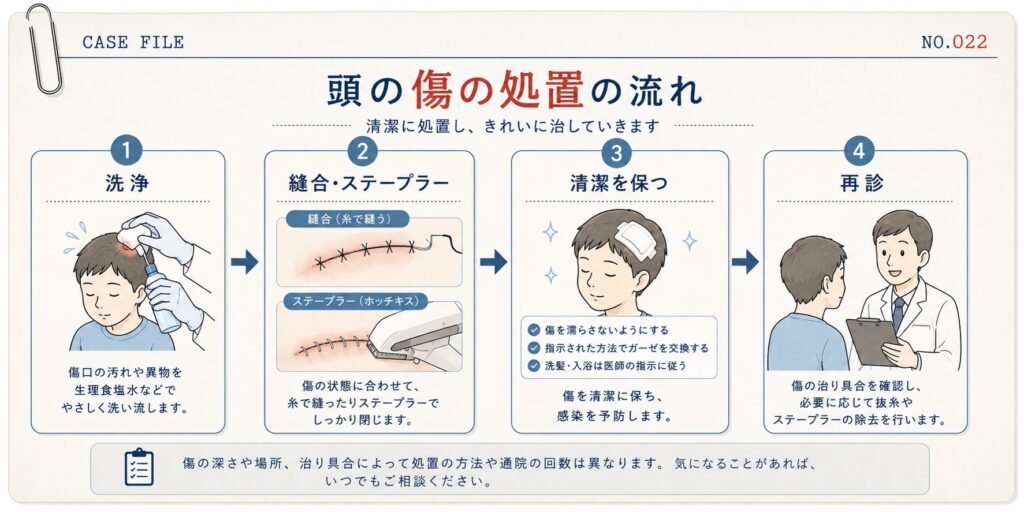 頭をぶつけて傷ができたときの処置の流れを示した図解。傷の洗浄、縫合・ステープラーによる処置、清潔保持、再診までの流れと注意点を分かりやすく解説。