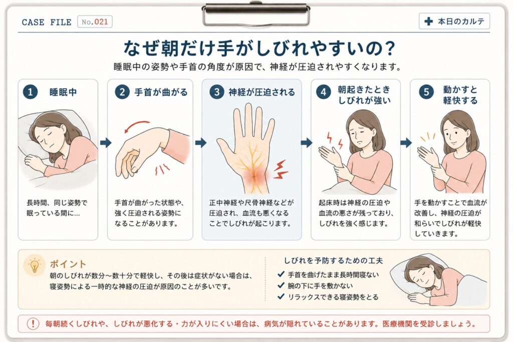 寝起きに手がしびれる原因を図解。睡眠中の姿勢による神経圧迫から、朝にしびれを感じ、手を動かすと改善する流れと受診の目安を解説。