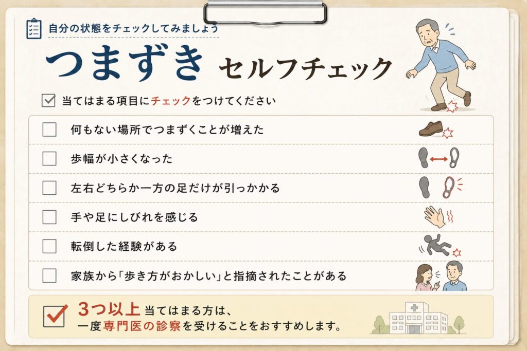 何もないところでつまずくセルフチェック。つまずきやすさの原因を確認するためのチェックリストで、歩幅の低下、片足だけつまずく、手足のしびれ、転倒歴などを確認できる図解。