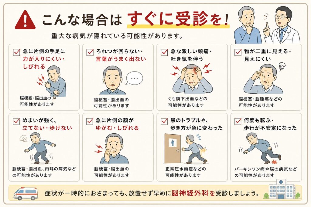 何もないところでつまずく際に早めの受診が必要な危険なサインをまとめた図解。片側の手足のしびれや脱力、ろれつが回らない、激しい頭痛、めまい、歩き方の急な変化など、注意すべき症状を紹介。