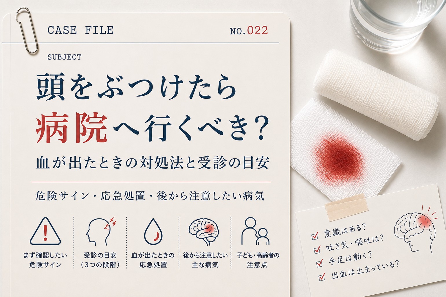 頭をぶつけたら病院へ行くべき？頭から血が出たときの応急処置、危険サイン、受診の目安を解説した頭部外傷のアイキャッチ画像。