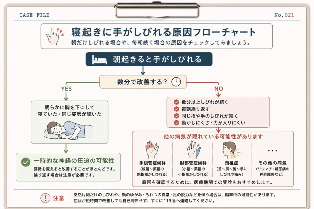 寝起きに手がしびれる原因を示したフローチャート。一時的な神経圧迫、手根管症候群、肘部管症候群、頚椎症などの可能性と受診の目安を解説。