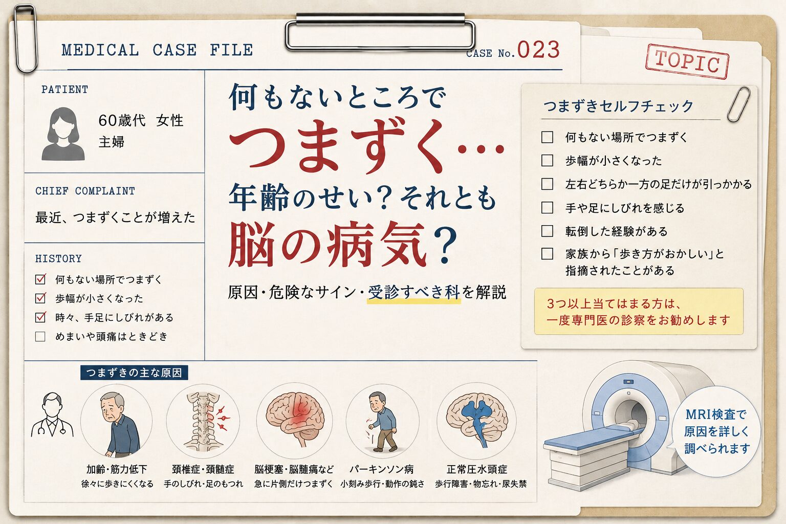 何もないところでつまずく原因を解説するカルテ風イラスト。加齢・頚椎症・脳梗塞・パーキンソン病・正常圧水頭症などの原因やセルフチェック、MRI検査の重要性を紹介。