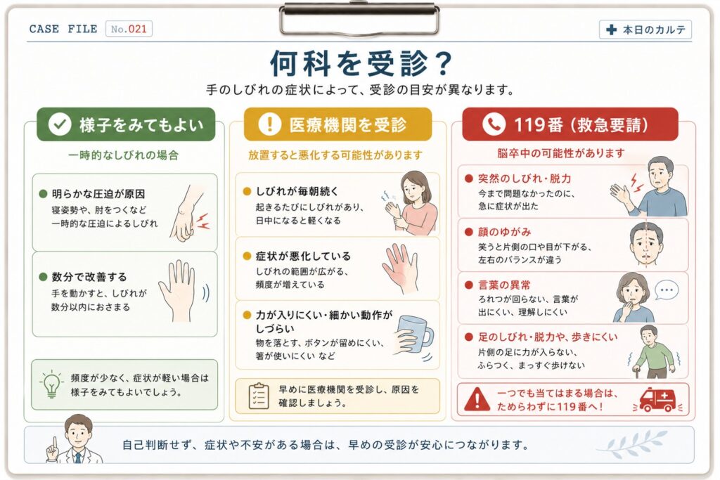 寝起きの手のしびれの受診目安をまとめた図解。毎朝続くしびれや力が入りにくい場合は早めの受診を、片側のしびれや顔のゆがみ・ろれつの異常・歩きにくさを伴う場合は119番が必要な目安を示しています。
