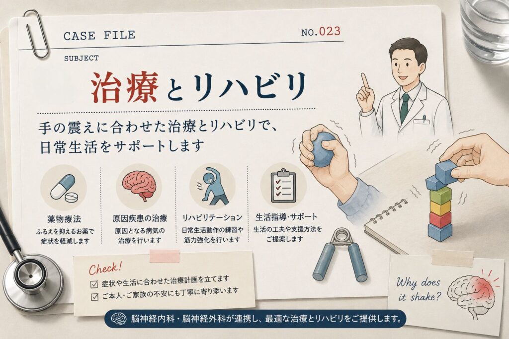 手の震えに対するリハビリテーションを解説した図。作業療法による動作訓練や自助具の活用、日常生活での工夫について紹介。