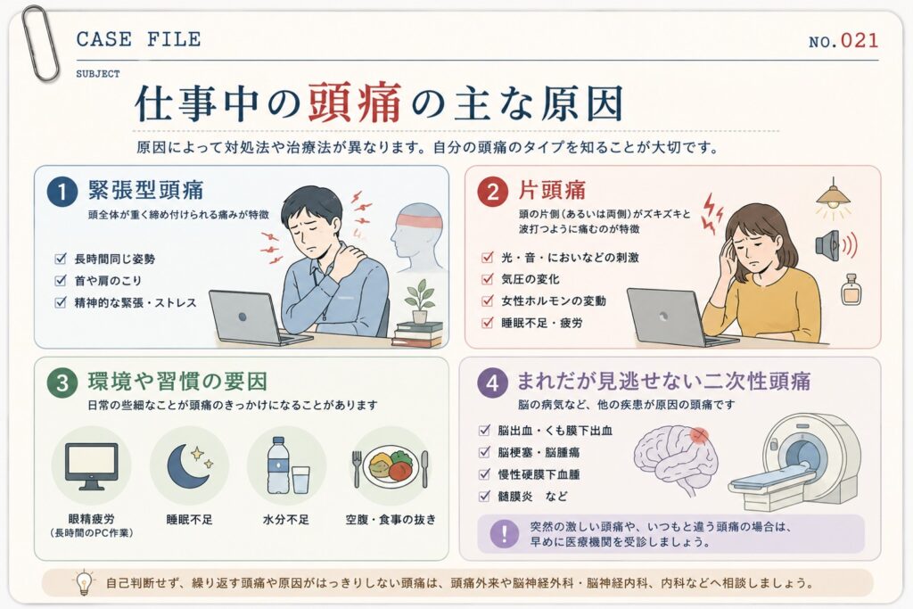 仕事中の頭痛の原因をまとめた図解。緊張型頭痛、片頭痛、眼精疲労や睡眠不足など生活習慣による頭痛、脳の病気による二次性頭痛を解説