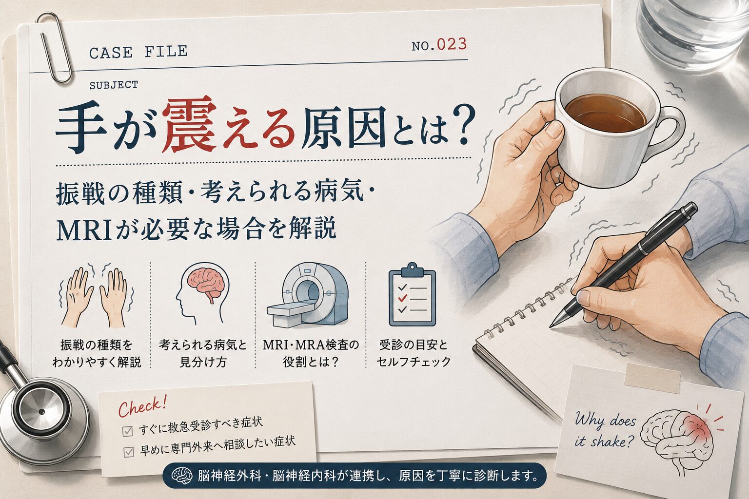 手が震える原因を解説したカルテ風アイキャッチ。振戦の種類、本態性振戦・パーキンソン病など考えられる病気、MRI・MRA検査の役割、受診の目安をイラストで紹介。