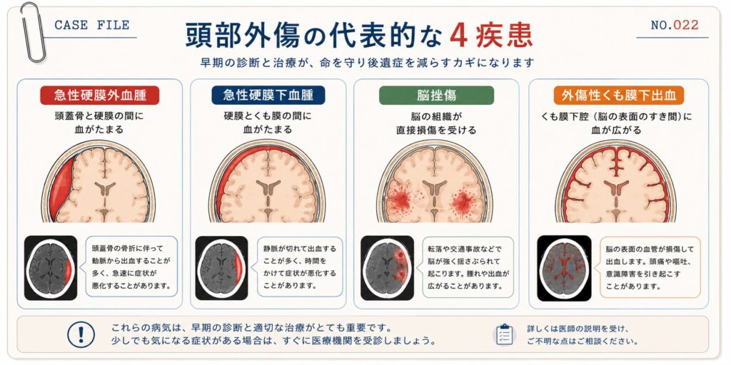 頭部外傷で起こる代表的な4つの病気を解説した図解。急性硬膜外血腫、急性硬膜下血腫、脳挫傷、外傷性くも膜下出血の特徴と出血部位をイラストで分かりやすく紹介。