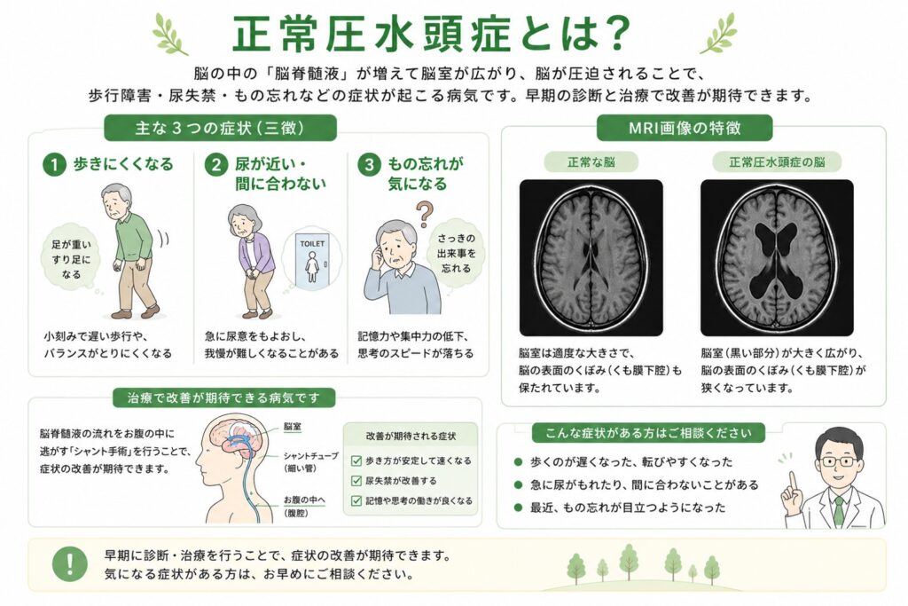 正常圧水頭症について解説した患者向け医療イラスト。歩行障害・尿失禁・もの忘れの3つの代表的な症状(3徴)をイラストで紹介し、正常な脳と正常圧水頭症のMRI画像を比較して脳室の拡大を示している。また、シャント手術の概要や改善が期待できる症状、早期診断・早期治療の重要性を分かりやすく図解したインフォグラフィック。