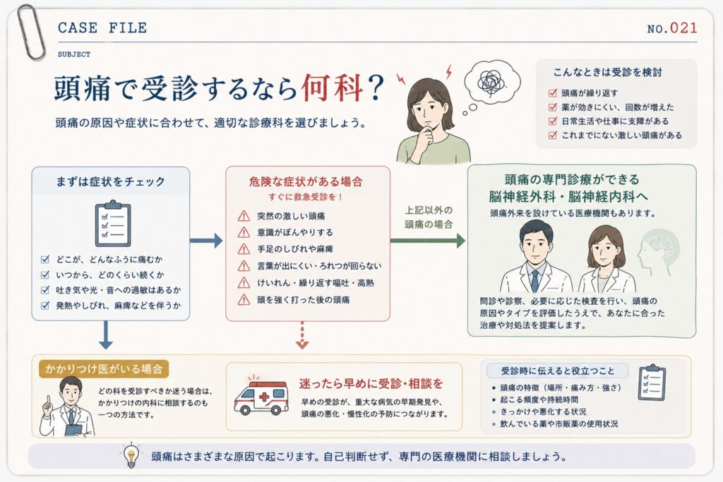 頭痛は何科を受診すればよいかを解説した図解。危険な症状の見分け方や、脳神経外科・脳神経内科、一般内科を受診する目安を紹介