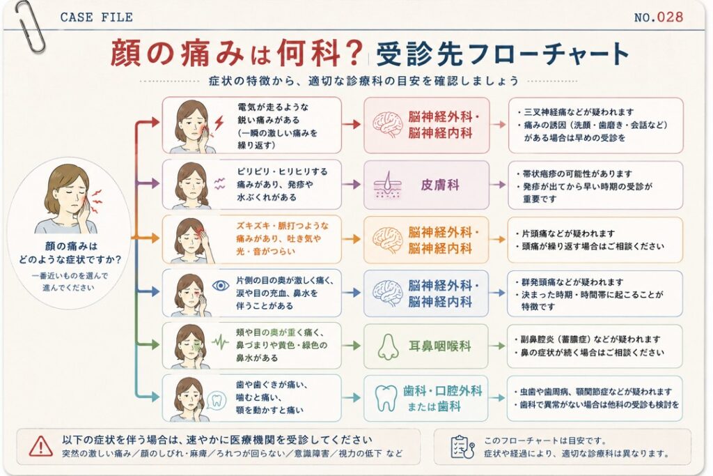 顔が痛いときは何科を受診するかを症状別に示したフローチャート。三叉神経痛や頭痛は脳神経外科・脳神経内科、発疹は皮膚科、鼻症状は耳鼻咽喉科、歯や顎の痛みは歯科・口腔外科が受診先の目安