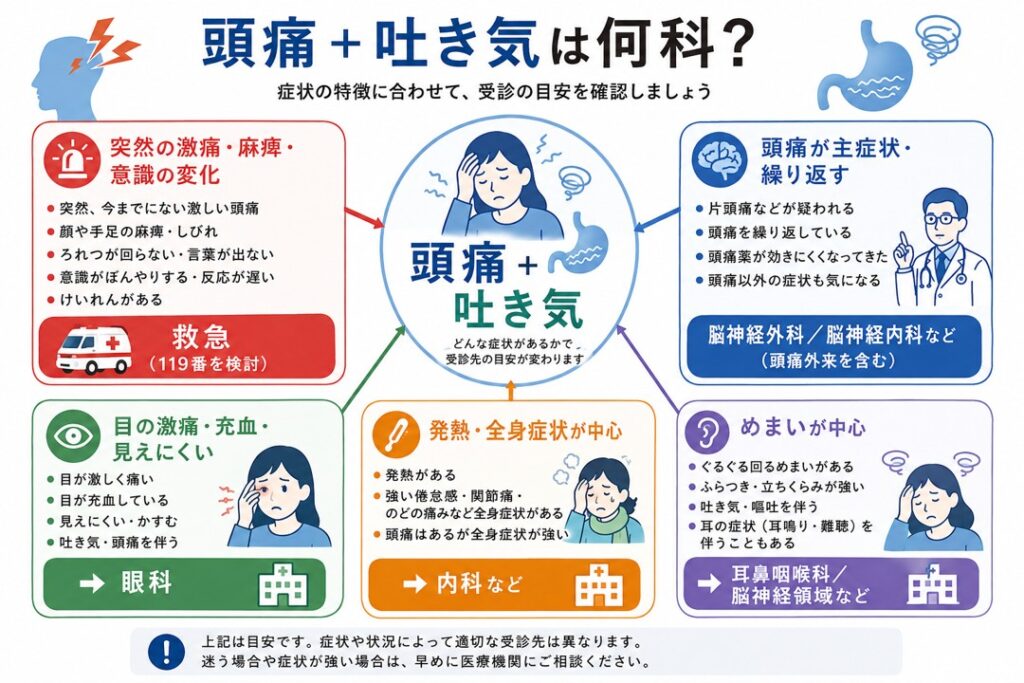 頭痛と吐き気がある場合に症状から受診する診療科を確認する図