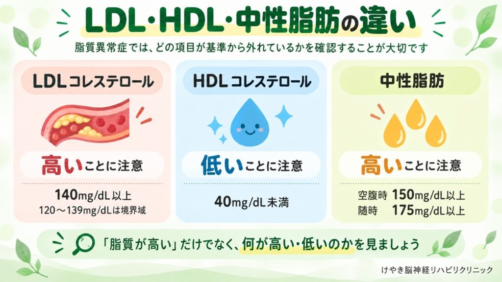 脂質異常症で確認するLDLコレステロール、HDLコレステロール、中性脂肪の違いを示した図