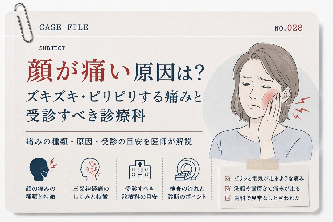 顔が痛い原因とズキズキ・ピリピリする痛み、受診すべき診療科を解説するイラスト